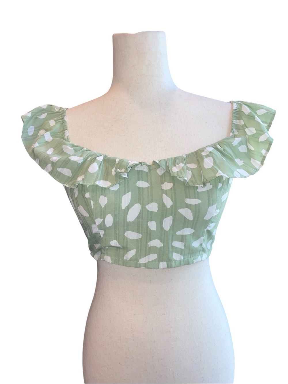 Lulu’s Cropped OTS Off-Shoulder Ruffle Top in Mint Safe Green with White Print S